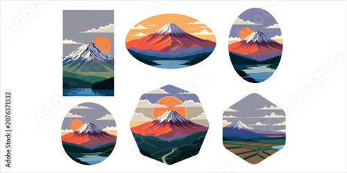 Mountain Landscape Collection Vector Illustration, Nature Scenic Badge Set with Sunrise, Lake, Forest and Adventure Travel Emblems.