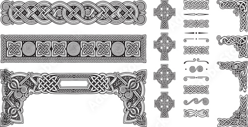 Celtic Knot Border Frame and Celtic Cross Element Mega Bundle, Traditional Nordic Interlocking Patterns, Viking Style Corners and Medieval Irish Trim Dividers Graphic Assets