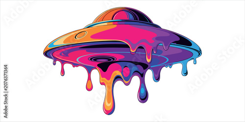 Colorful Melting UFO Flying Saucer Cartoon Vector Illustration, Futuristic Alien Spaceship Icon in Vibrant Pop Art Style