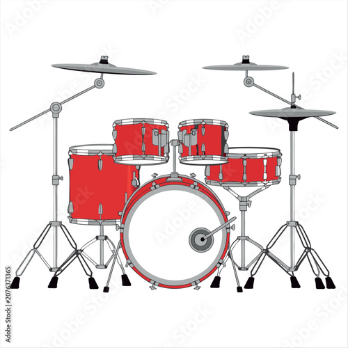 Red Acoustic Drum Set Isolated on White Background, Complete Professional Drum Kit with Cymbals, Musical Instrument Vector Illustration.Vibrant Red Drum Kit Illustration on White Background.