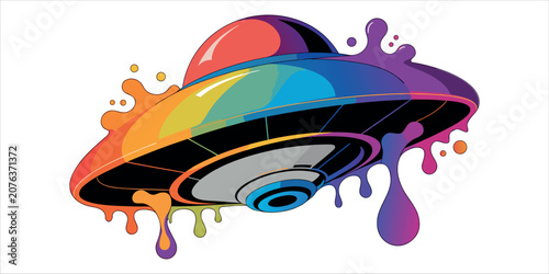 Rainbow UFO Flying Saucer Cartoon Vector Illustration.Colorful Alien Spaceship Vector Icon Isolated on White.Sci-Fi Flying Saucer with Color Splash Vector Illustration.