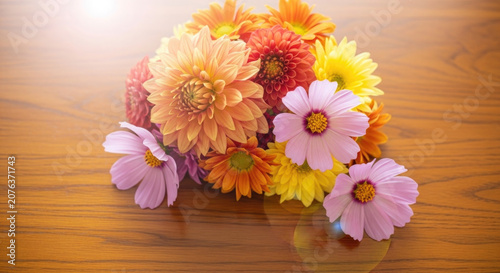 Colorful dahlia and chrysanthemum bouquet on a wooden table vibrant floral arrangement