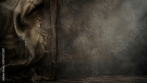 Rustic Burlap Fabric and Weathered Wood With Dark Textured Background