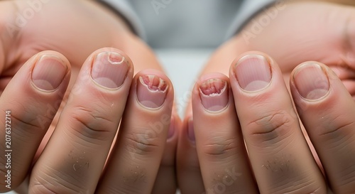 Close Up Damaged Fingernails Displayed on Hands Against Soft Background