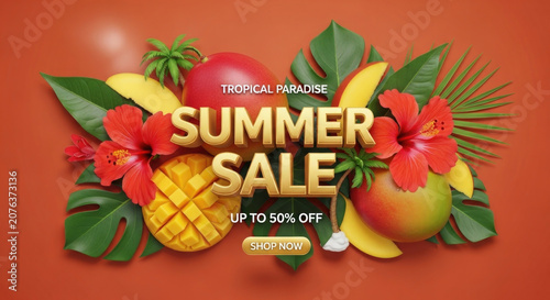 Tropical fruits and palm leaves with summer sale text on orange background