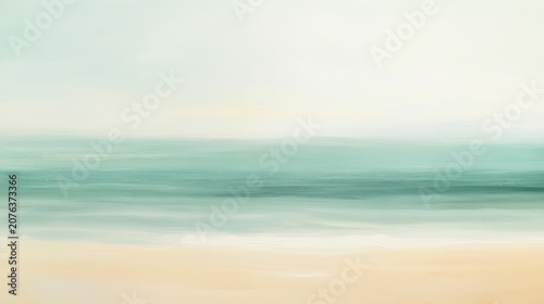 Abstract beach scene with soft, pastel colors.  A tranquil, blurred view of the ocean and shore.
