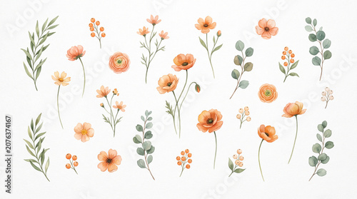 Watercolor floral elements collection featuring orange blossoms, delicate green leaves, and botanical sprigs isolated on a white background for wedding decor