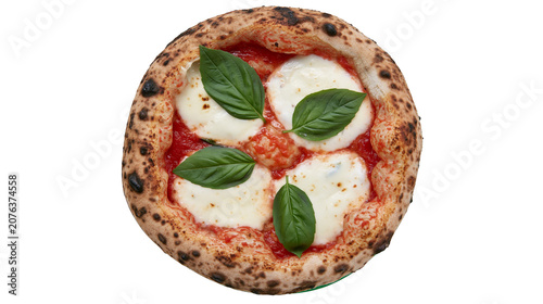 Foto Neapolitan pizza margherita with fresh basil leaves and melted mozzarella