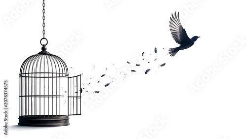 Black bird flying away from open cage leaving feathers behind on white background freedom escape