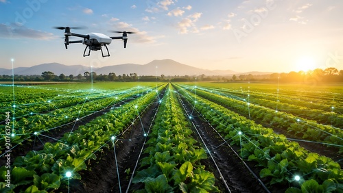 White drone flying over lush green rows of crops in a vast agricultural field at sunset with digital network overlay
