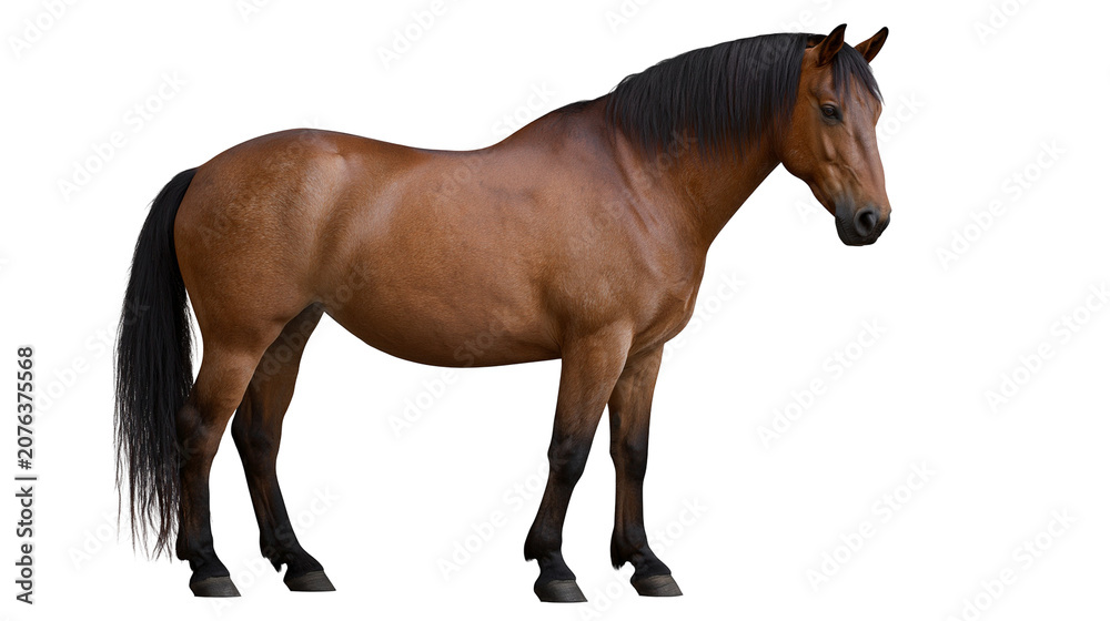 Fototapeta premium Brown horse with black mane and tail standing sideways