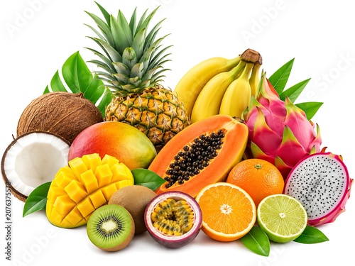 Assortment of vibrant tropical fruits including pineapple mango papaya dragon fruit bananas coconut oranges and kiwi