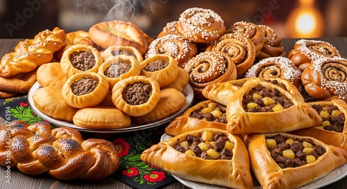 Assorted Fresh Baked Pastries Arranged on Rustic Table in Warm Bakery Setting