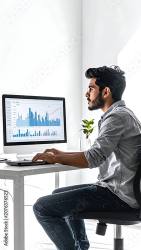 Man working on computer with graph.