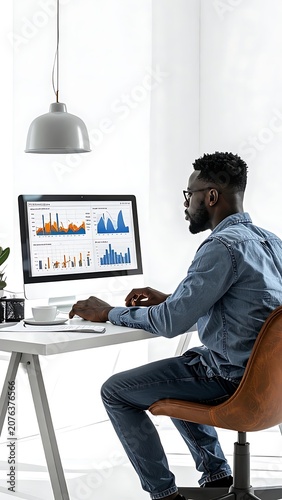 Man working on computer with graphs.