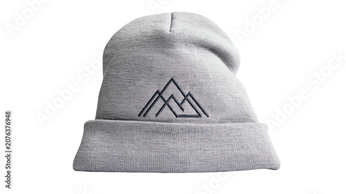 Canvas Print Gray knitted beanie with embroidered mountain logo