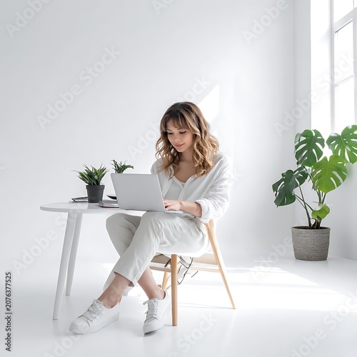 Woman working on laptop at desk.