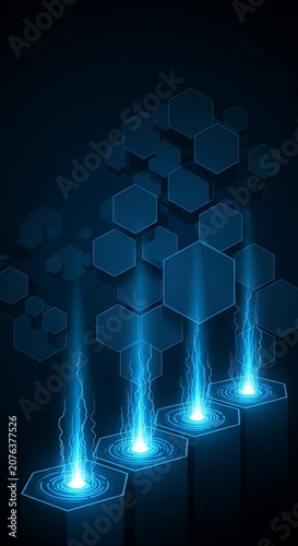 Glowing Blue Hexagonal Technology Network Rising From Dark Digital Pedestals
