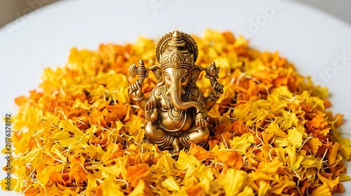 Golden ganesha statue surrounded by yellow flowers