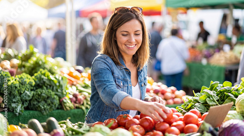 Smiling young woman wearing denim jacket selecting fresh red tomatoes from a vibrant organic vegetable display at a sunny outdoor farmers market stall.