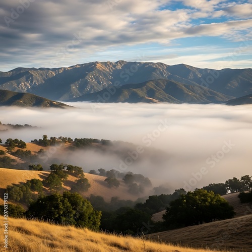 Misty Mountain Valley with Golden Hills and Dramatic Cloudy Sky