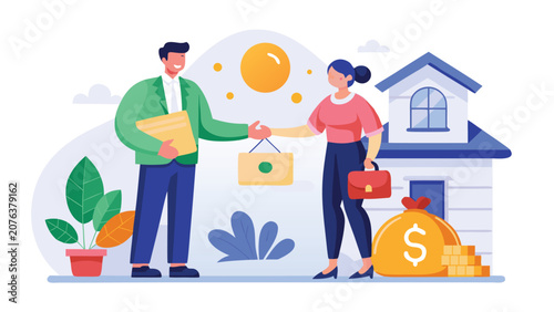Two people shaking hands with a house and money bag symbolizing real estate deal success in flat vector illustration