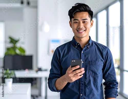 Young Asian man using smartphone office.