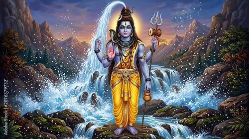 Hindu deity shiva standing amidst nature and waterfall