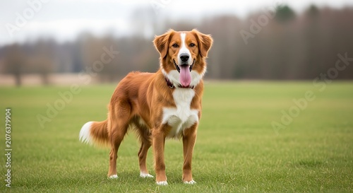 Friendly Brown and White Dog Standing on Green Grass in Open Field