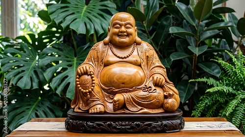 Laughing buddha statue surrounded by lush green leaves
