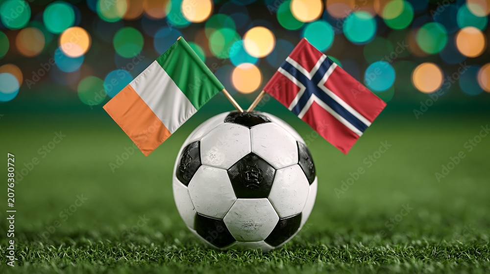 Naklejka premium Ireland and Norway national flags proudly displayed on a classic black and white soccer ball, resting on vibrant green grass with festive bokeh lights in the background, symbolizing international foot