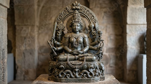 Ancient stone carving of deities in a temple setting