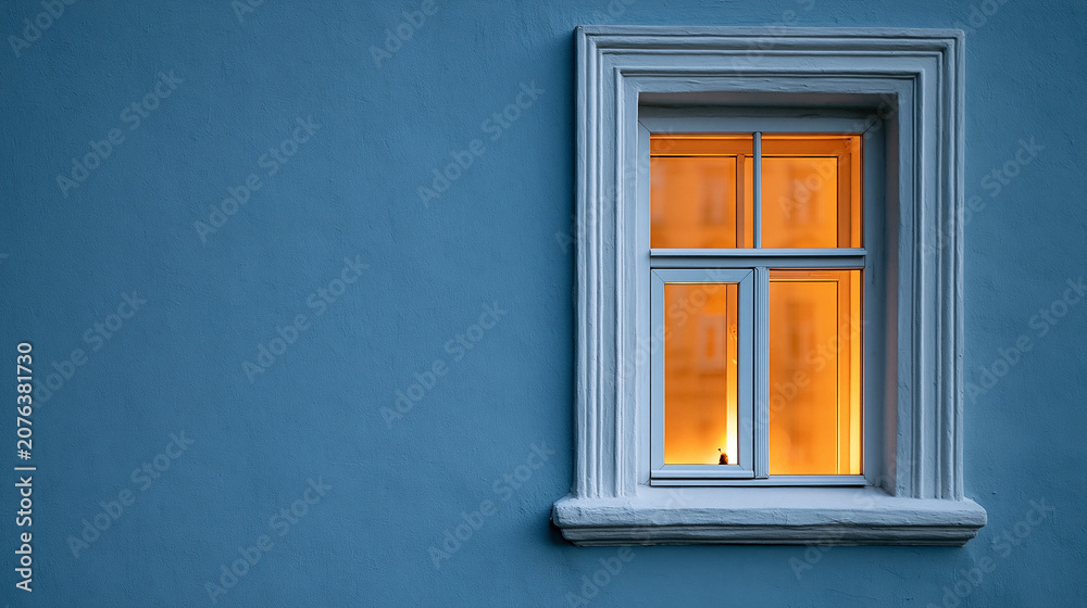 Obraz premium Window with warm light on blue wall background