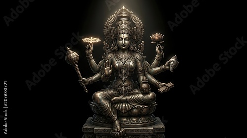 Hindu goddess statue with multiple arms displaying symbols