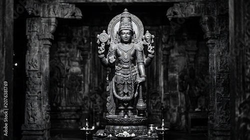 Ancient stone carving of multiarmed hindu deity