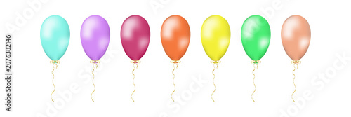 Foto Seven colorful helium balloons in a row with curly ribbons attached isolated on