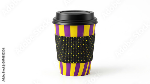 Yellow and purple striped disposable coffee cup with black lid