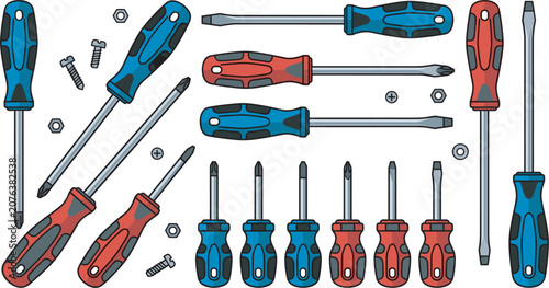 Obraz na plátně Professional screwdriver tool vector cartoon illustration set with flathead phil