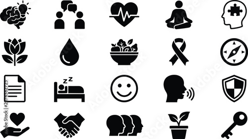 Mental health wellness and support black glyph icons collection