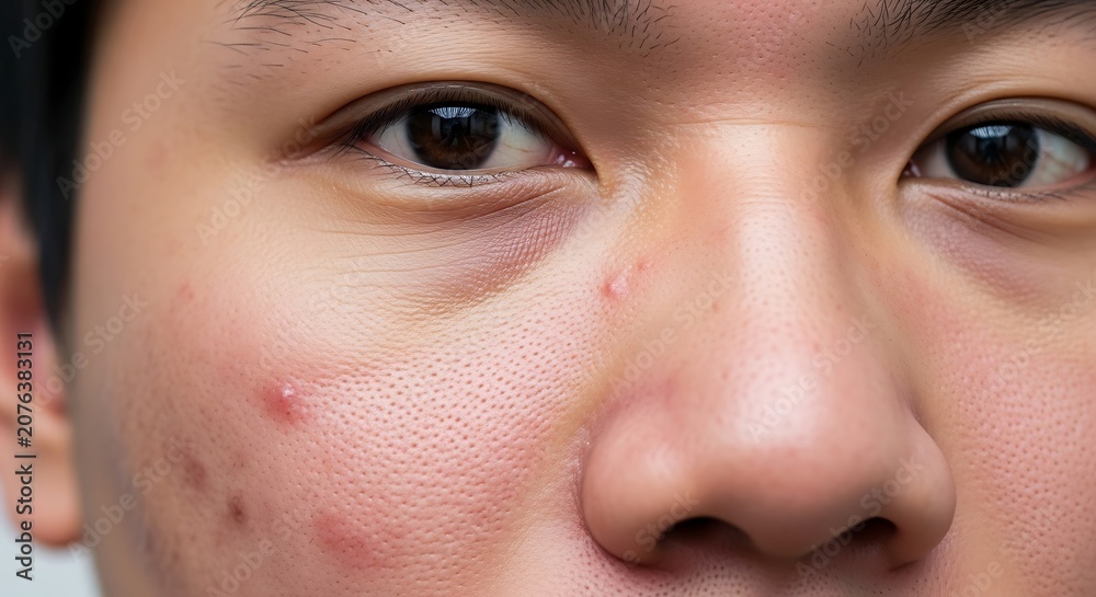 Fototapeta premium Close Up Young Man Face Showing Acne and Skin Texture in Clinical Portrait