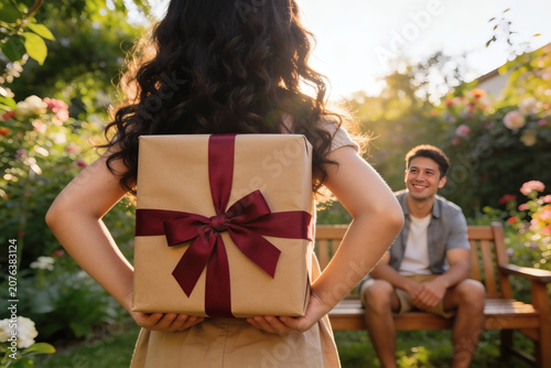Back view of young daughter hiding gift box for father in outdoor garden
