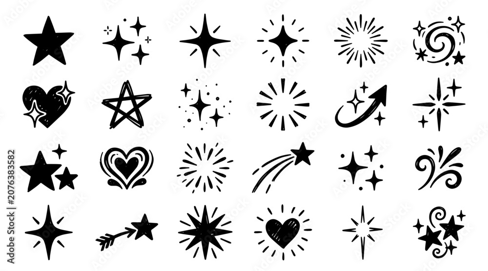Fototapeta premium A collection of hand-drawn doodle elements including stars, hearts, sparkles, and swirls with a playful, energetic style.