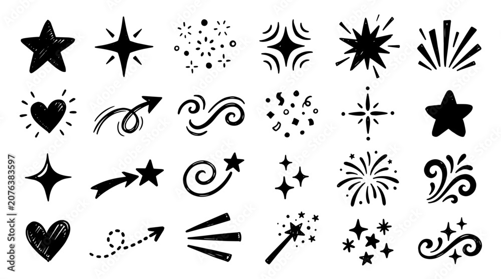 Fototapeta premium A collection of hand-drawn doodle elements including stars, hearts, arrows, and sparkles,.