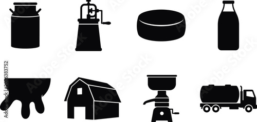 Bild auf Leinwand Dairy Farm and Milk Production Black Silhouette Icon Set Isolated on White Backg