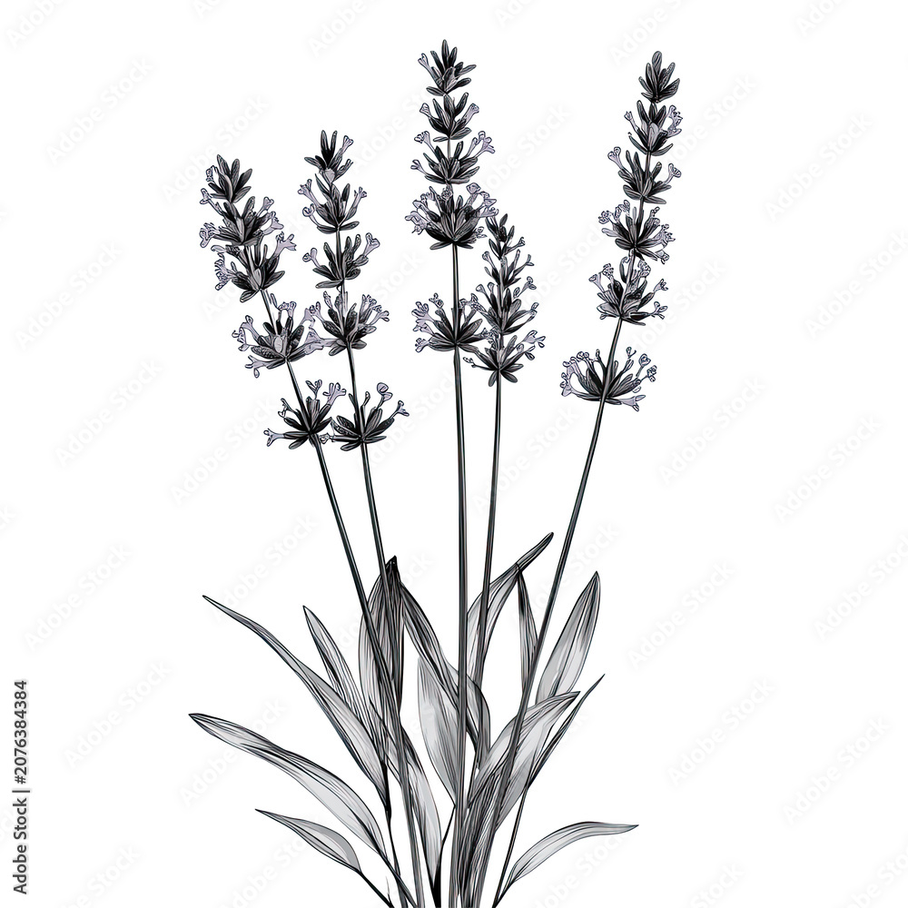 Obraz premium The image features a detailed line drawing of a flowering plant with multiple tall, slender stems supporting clusters of small, delicate blossoms at the top