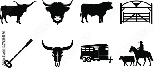 Cattle ranch and livestock silhouette vector icon set featuring bulls, cowboy, trailer, and longhorn skull.