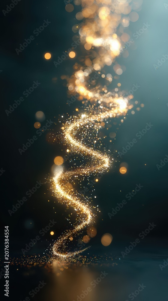 Obraz premium A swirling spiral of golden sparkles glows against a dark background. Magical light particles create an enchanting, abstract, and dreamy visual effect.