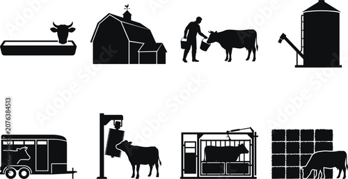 Obraz na plátně Cattle farming silhouette set featuring farmer feeding cows, barn, silo, and liv