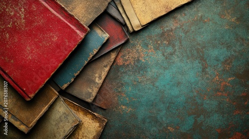 The image features a collection of old, worn books stacked in a haphazard arrangement on a vintage surface