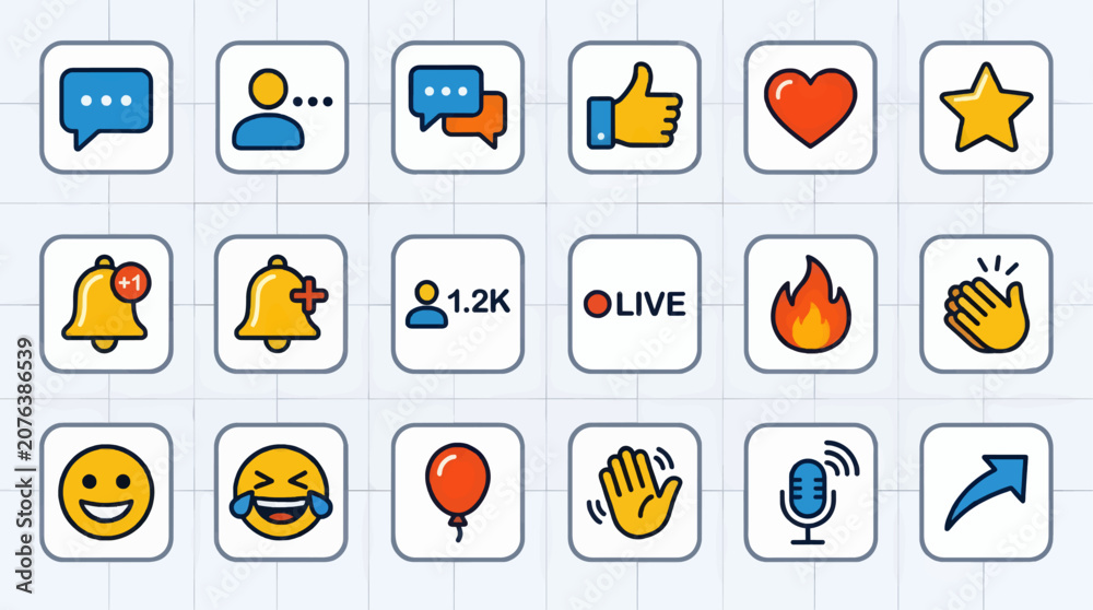 Fototapeta premium Flat Design Social Media Icons Collection: Chat, Like, Heart, Star, Bell, Live, Fire, Clapping, Emoji, Balloon, Wave, Microphone, Share, and User Icons